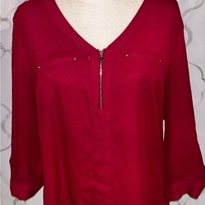 Stitch Fix Exclusive Fortune & Ivy Red 3/4 Sleeve Buttoned Relaxed Zip Blouse